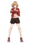 1girl absurdres brown_hair collar crossed_arms frown full_body highres jacket jewelry long_sleeves miyamori_aoi necklace official_art pink_shirt red_jacket shiny shiny_hair shirobako shirt short_hair shorts simple_background solo standing unzipped white_background 