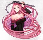  1girl bare_shoulders chains collar collarbone detached_sleeves dress fate/stay_night fate_(series) long_hair looking_at_viewer medusa_(fate) medusa_(fate)_(all) nameless_dagger purple_hair rider solo spike square_pupils strapless strapless_dress upper_body very_long_hair violet_eyes ycco_(estrella) 