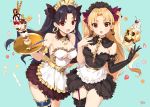  2girls adapted_costume alternate_costume apron bare_legs black_detached_collar black_dress black_hair blonde_hair breasts cleavage cream detached_collar dress dual_persona ereshkigal_(fate/grand_order) fate/grand_order fate_(series) female food holding holding_tray ice_cream ishtar_(fate/grand_order) legs looking_at_viewer maid_apron maid_headdress medium_breasts multiple_girls open_mouth red_eyes skull smile spoon standing strapless strapless_dress strawberry tohsaka_rin tray two_side_up type-moon waitress white_dress yang-do 