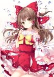  1girl bangs blush bow bowtie brown_hair detached_sleeves eyebrows_visible_through_hair flower frills hair_between_eyes hair_bow hair_tubes hakurei_reimu japanese_clothes long_hair looking_at_viewer miko mochizuki_shiina open_mouth red_bow ribbon-trimmed_sleeves ribbon_trim skirt skirt_set solo touhou water water_drop white_flower wide_sleeves yellow_bow yellow_eyes 