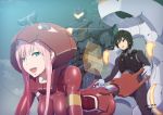  1boy 1girl black_hair blue_eyes commentary crossover darling_in_the_franxx gipsy_avenger green_eyes hiro_(darling_in_the_franxx) horns long_hair mecha nandz pacific_rim:_uprising pink_hair season_connection short_hair zero_two_(darling_in_the_franxx) 