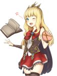  1girl :d aqua_eyes bangs black_cape black_legwear blonde_hair blunt_bangs blush book bow cagliostro_(granblue_fantasy) cape cowboy_shot floating_book granblue_fantasy hairband heart long_hair looking_at_viewer moshi_(atelier33-4) one_eye_closed open_mouth red_bow red_skirt simple_background skirt sleeveless smile solo star thigh-highs vambraces white_background zettai_ryouiki 
