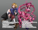  2girls anchor blonde_hair boots breasts bubble character_profile cleavage double_bun elbow_gloves eyebrows_visible_through_hair fingerless_gloves gloves hair_ornament hairclip inward_v jacket monster_girl multicolored multicolored_clothes multicolored_eyes multiple_girls one_eye_closed open_mouth original pink_hair pink_tail ray-k scrunchie side_ponytail skirt sleeveless tail translation_request 