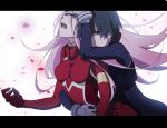  1boy 1girl black_hair blue_eyes couple darling_in_the_franxx fangs gloves hand_on_another&#039;s_head highres hiro_(darling_in_the_franxx) hug hug_from_behind leje39 long_hair pilot_suit pink_hair short_hair white_gloves zero_two_(darling_in_the_franxx) 