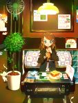  1girl absurdres arcade_cabinet artist_request bendy_straw brown_hair cat cellphone commentary_request couch cup drinking_glass drinking_straw electric_fan food green_eyes hair_ornament hairclip highres jacket lamp long_hair long_sleeves menu original phone plant plate potted_plant sitting watch 