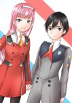  1boy 1girl black_hair blue_eyes couple darling_in_the_franxx eyebrows_visible_through_hair green_eyes hand_holding highres hiro_(darling_in_the_franxx) horns long_hair looking_back military military_uniform necktie orange_neckwear pantyhose pink_hair red_neckwear rin5325 short_hair uniform zero_two_(darling_in_the_franxx) 
