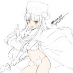  1girl :d bangs blunt_bangs cape cowboy_shot eiyuu_senki eyebrows_visible_through_hair fur_hat gloves green_eyes hand_up hat index_finger_raised ivan_(eiyuu_senki) long_hair navel ooyari_ashito open_mouth pom_pom_(clothes) simple_background sketch smile solo string_panties sword tsurime weapon white_background 