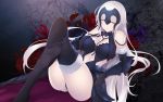  1girl ass black_gloves black_legwear breasts cait elbow_gloves fate/grand_order fate_(series) flower gloves heart highres jeanne_d&#039;arc_(alter)_(fate) jeanne_d&#039;arc_(fate)_(all) large_breasts leaning_back legs_crossed long_hair looking_at_viewer navel_cutout pale_skin sitting smile solo thigh-highs vambraces very_long_hair white_hair yellow_eyes 