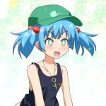  +_+ 1girl :d blue_eyes blue_hair cato_(monocatienus) commentary_request eyebrows_visible_through_hair fang hair_bobbles hair_ornament hat kawashiro_nitori key open_mouth short_hair short_twintails smile solo sparkle star tank_top touhou twintails upper_body 