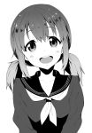  1girl :d akino_sora bangs blush copyright_request eyebrows_visible_through_hair greyscale head_tilt highres long_sleeves looking_at_viewer low_twintails monochrome neckerchief open_mouth round_teeth school_uniform serafuku simple_background smile solo teeth twintails upper_body white_background 