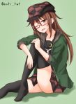  1girl anti_(untea9) beret black_legwear black_serafuku brown_eyes brown_hair commentary_request crescent crescent_moon_pin glasses green_background green_jacket hat highres jacket kantai_collection long_hair looking_at_viewer mochizuki_(kantai_collection) multicolored multicolored_clothes multicolored_hat necktie one_eye_closed red-framed_eyewear school_uniform semi-rimless_eyewear serafuku simple_background sitting solo thigh-highs twitter_username under-rim_eyewear white_neckwear 