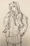  1girl arms_behind_head bag candy darling_in_the_franxx food hand_in_pocket head_tilt highres horns lollipop long_hair monochrome ricenyan shoulder_bag solo straight_hair traditional_media zero_two_(darling_in_the_franxx) 