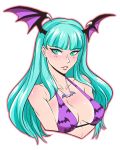  1girl animal_print bangs bat_print bikini_top blush breasts commentary demon_girl eyebrows_visible_through_hair green_eyes green_hair head_wings iahfy jewelry lips long_hair medium_breasts morrigan_aensland necklace solo succubus upper_body vampire_(game) 