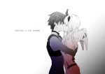  1boy 1girl absurdres closed_eyes couple crying darling_in_the_franxx highres hiro_(darling_in_the_franxx) horns hug long_hair m_nmy01 monochrome pilot_suit short_hair zero_two_(darling_in_the_franxx) 