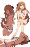  1girl armpits bangs bikini blush breasts brown_hair cleavage collarbone eyebrows_visible_through_hair from_behind girls_frontline green_eyes gz_(gzdteee) hair_between_eyes hair_rings half-closed_eyes hand_up highres index_finger_raised large_breasts legs_crossed long_hair looking_at_viewer looking_back lying m1903_springfield_(girls_frontline) multiple_views navel on_back open_mouth ponytail ribbon sidelocks simple_background sitting smile stomach swimsuit thighs white_background 