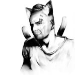  1boy akino_sora animal_ears bruce_willis cat_ears cat_tail chen closed_mouth commentary_request earrings extra_ears fusion greyscale hat jewelry looking_at_viewer male_focus mob_cap monochrome multiple_tails nekomata scar scar_across_eye shirt simple_background smile solo tail touhou two_tails upper_body white_background 