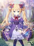  1girl bangs black_legwear blonde_hair blue_flower bow commentary_request day double_bun dress eyebrows_visible_through_hair field flower flower_field green_eyes hair_bow highres juliet_sleeves log long_hair long_sleeves luna_(shadowverse) outdoors pantyhose petals puffy_sleeves purple_dress red_bow red_flower shadowverse shoonia side_bun solo striped striped_legwear stuffed_animal stuffed_toy tree twintails vertical-striped_legwear vertical_stripes very_long_hair 