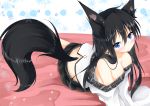  1girl :/ animal_ears bangs bare_shoulders bed_sheet black_hair black_skirt blue_eyes blush breasts cleavage closed_mouth collarbone commentary_request eyebrows_visible_through_hair eyes_visible_through_hair fox_ears fox_girl fox_tail hair_between_eyes half-closed_eyes head_tilt highres horomasa long_hair long_sleeves looking_at_viewer lying medium_breasts miniskirt off-shoulder_shirt on_stomach original parted_bangs pleated_skirt raised_eyebrows shiny shiny_hair shirt simple_background skirt sleeves_past_wrists slit_pupils solo tail white_background white_shirt wide_sleeves 
