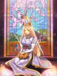  1girl bangs black_legwear blonde_hair boots breasts cherry_blossoms closed_eyes closed_mouth commentary crown dress eris_(shadowverse) fawn highres juliet_sleeves large_breasts long_dress long_hair long_sleeves mosaic pantyhose puffy_sleeves purple_dress shadowverse sitting smile solo throtem 