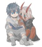  1boy 1girl bandage bandaged_feet black_hair blue_eyes book coat couple darling_in_the_franxx fur_trim green_eyes grey_coat hiro_(darling_in_the_franxx) holding holding_book horns long_hair looking_at_another oni_horns parka pink_hair red_horns red_skin ricenyan short_hair signature sitting spoilers zero_two_(darling_in_the_franxx) 