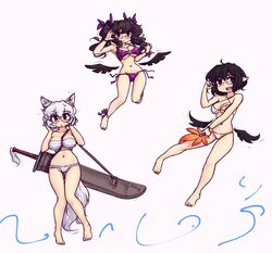  3girls ahoge animal_ears ankle_ribbon bare_legs barefoot bespectacled bikini black_hair black_wings breasts checkered checkered_bikini criss-cross_halter fundoshi glasses hair_ribbon halterneck hand_up hater_(hatater) highres himekaidou_hatate inubashiri_momiji japanese_clothes large_breasts leaf looking_at_viewer lowleg lowleg_bikini multiple_girls navel pointy_ears purple_bikini purple_ribbon red_eyes ribbon sarashi shameimaru_aya sheath sheathed short_hair side-tie_bikini simple_background smile swimsuit tail touhou twintails white_background white_bikini white_hair wings wolf_ears wolf_tail 