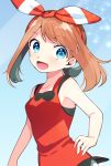  1girl :d blue_background blue_eyes brown_hair collarbone eyebrows_visible_through_hair floating_hair hair_ribbon hairband haruka_(pokemon) haruka_(pokemon)_(remake) highres long_hair looking_at_viewer open_mouth pokemon pokemon_(game) pokemon_oras red_hairband red_shirt ribbon shirt sleeveless sleeveless_shirt smile solo standing striped striped_ribbon twintails upper_body yuihiko 