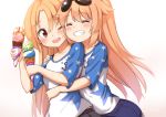  2girls :d ;d ^_^ ^o^ ame. anchor_symbol azur_lane bangs black_shorts blonde_hair cleveland_(azur_lane) closed_eyes collarbone commentary_request dual_persona eyebrows_visible_through_hair eyewear_on_head food gradient gradient_background grin holding holding_food hug hug_from_behind ice_cream ice_cream_cone leaning_forward long_hair multiple_girls one_eye_closed open_mouth parted_bangs raglan_sleeves red_eyes rimless_eyewear round_teeth shirt shorts smile star star_print straight_hair sunglasses teeth very_long_hair white_shirt 