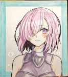  1girl armor bangs bare_shoulders blush closed_mouth commentary fate/grand_order fate_(series) gorget hair_over_one_eye looking_at_viewer mash_kyrielight one_eye_covered photo purple_hair short_hair sleeveless smile solo tanaji traditional_media upper_body violet_eyes 