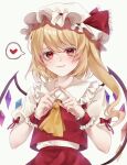  1girl ascot blonde_hair blush closed_mouth collarbone collared_shirt cowboy_shot crystal flandre_scarlet flying_sweatdrops frilled_shirt_collar frills hat hat_ribbon heart heart-shaped_pupils highres ki_1315 long_hair looking_at_viewer mob_cap multicolored_wings own_hands_together puffy_short_sleeves puffy_sleeves red_eyes red_ribbon red_skirt red_vest ribbon ribbon-trimmed_headwear ribbon_trim shirt short_sleeves simple_background skirt solo spoken_heart symbol-shaped_pupils teeth touhou vest white_background white_headwear white_shirt wings wrist_cuffs yellow_ascot 