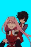  1boy 1girl :d baria_kyooo black_hair closed_eyes couple darling_in_the_franxx hiro_(darling_in_the_franxx) holding_shoulder horns long_hair military military_uniform necktie open_mouth orange_neckwear pink_hair red_neckwear short_hair smile uniform zero_two_(darling_in_the_franxx) 