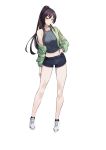  1girl absurdres bare_shoulders black_hair black_legwear breasts casual eyebrows_visible_through_hair green_sweater hand_on_hip hand_on_leg highres idolmaster idolmaster_shiny_colors k1np long_hair looking_at_viewer midriff off_shoulder open_clothes ponytail shirase_sakuya shirt shoes short short_shorts shorts sneakers solo sweater tank_top yellow_eyes 