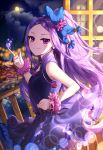  1girl bare_shoulders blush breasts city_lights cityscape clouds dress fate/grand_order fate_(series) forehead frilled_dress frills hair_ornament hm_(wonhml) long_hair looking_at_viewer moon night night_sky ponytail purple_dress purple_hair scrunchie sky sleeveless sleeveless_dress small_breasts smile solo standing tied_hair violet_eyes wrist_scrunchie wu_zetian_(fate/grand_order) 