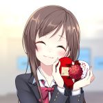  1girl black_blazer blurry blurry_background blush bow bowtie box brown_hair closed_eyes eyebrows_visible_through_hair gift gift_box head_tilt heart-shaped_box highres holding holding_box iwamotochou_geinousha long_hair red_bow red_neckwear school_uniform shirafuji_tamaki shirt smile solo uniform upper_body valentine white_shirt 