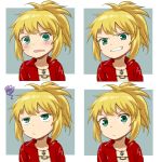  1girl aoba_(smartbeat) aqua_eyes blonde_hair blush expressions fate/grand_order fate_(series) grin jacket jewelry mordred_(fate) mordred_(fate)_(all) multiple_views necklace red_jacket short_hair short_ponytail smile spiky_hair sweatdrop younger 