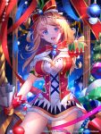  1girl bell blue_eyes breasts brown_hair capelet christmas commentary copyright_name dress english_commentary eternal_wars fur_trim gift gloves hair_ribbon highres jingle_bell long_hair medium_breasts official_art red_gloves ribbon sack short_dress solo sysen watermark web_address 