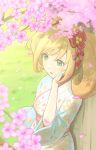  1girl against_tree blonde_hair cherry_blossoms floral_print flower green_eyes hair_between_eyes hair_ornament hand_in_hair idolmaster idolmaster_cinderella_girls japanese_clothes kimono long_hair mashou_boy obi outdoors pink_flower sash satou_shin solo standing tree twintails yukata 