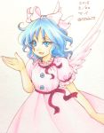  1girl 2015 bangs bare_arms blue_eyes blue_hair bow buttons character_name colored_eyelashes dated dress eyebrows eyebrows_visible_through_hair feathered_wings feathers hair_bow hand_up io_(maryann_blue) mai_(touhou) pink_bow pink_dress pink_wings puffy_short_sleeves puffy_sleeves short_hair short_sleeves simple_background solo touhou touhou_(pc-98) traditional_media twitter_username uneven_eyes v-shaped_eyebrows white_background wings 