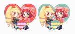  2girls bangs blonde_hair capcom chibi drill_hair full_body green_eyes green_shorts hair_ornament happy_valentine heart heart_hands hibiki_misora hood hood_up hoodie long_hair looking_at_viewer looking_to_the_side multiple_girls open_mouth purple_hair rockman ryuusei_no_rockman shirogane_luna short_hair shorts smile teeth twintails valentine very_long_hair yukiwarosi1953 