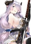  1girl asymmetrical_gloves belt belt_buckle between_breasts black_gloves black_legwear blue_eyes blush braid breasts buckle commentary_request draph elbow_gloves eyebrows_visible_through_hair gloves granblue_fantasy hair_over_one_eye highres horns katana kou_mashiro large_breasts lavender_hair long_hair looking_at_viewer looking_to_the_side low_tied_hair narmaya_(granblue_fantasy) open_mouth pointy_ears sideboob simple_background single_braid sleeveless smile solo sword weapon white_background 