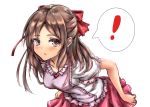  ! 1girl amagi_(amagi626) blush bow brown_eyes brown_hair collarbone cowboy_shot hair_bow leaning_forward looking_at_viewer original pink_skirt red_bow short_sleeves simple_background skirt solo spoken_exclamation_mark white_background 