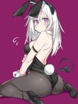  1girl :&lt; abarabone animal_ears armlet ass black_legwear blush breasts bunny_girl bunny_tail bunnysuit demon_girl demon_tail fake_animal_ears flying_sweatdrops from_behind high_heels highres horns leotard long_hair looking_at_viewer looking_back medium_breasts original pantyhose pointy_ears purple_background rabbit_ears sideboob simple_background sitting solo sweat tail violet_eyes wariza white_hair wrist_cuffs 