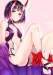  1girl bare_shoulders blush bob_cut bow breasts closed_mouth eyebrows fate/grand_order fate_(series) felnemo highres horns looking_at_viewer oni oni_horns pink_background purple_hair red_bow short_hair shuten_douji_(fate/grand_order) sitting small_breasts smile solo violet_eyes 
