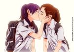  2girls backpack bag be_with_me brown_hair closed_eyes hanning_in kiss multiple_girls purple_hair school_bag school_uniform touching_another&#039;s_chin yuri 