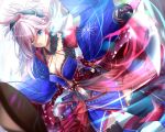  1girl absurdres black_legwear blue_eyes blurry blurry_foreground breasts center_opening cleavage cowboy_shot depth_of_field detached_collar dutch_angle earrings eyebrows_visible_through_hair fate/grand_order fate_(series) hair_over_one_eye highres holding holding_sword holding_weapon jewelry katana large_breasts leaf_print legs_apart long_hair long_sleeves looking_at_viewer magatama miyamoto_musashi_(fate/grand_order) navel obi outstretched_arms pink_hair ponytail sash sheath sheathed solo standing suisen-21 sword thigh-highs unsheathed v-shaped_eyebrows waist_cape weapon wide_sleeves 