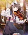  1girl absurdres black_skirt bow brown_eyes brown_hair cowboy_shot floating_hair hair_bow highres holding holding_instrument instrument long_hair looking_at_viewer music organ playing_instrument pleated_skirt school_fanfare shirt skirt smile solo standing suspender_skirt suspenders very_long_hair violin white_bow white_shirt 