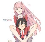  1boy 1girl black_hair blue_eyes blush couple darling_in_the_franxx green_eyes hiro_(darling_in_the_franxx) horns lips long_hair military military_uniform necktie oni_horns orange_neckwear pink_hair red_neckwear serizawa_nae short_hair uniform zero_two_(darling_in_the_franxx) 