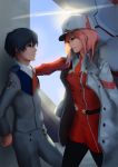  1boy 1girl black_hair black_legwear coat couple darling_in_the_franxx hat highres hiro_(darling_in_the_franxx) long_hair looking_at_another necktie open_clothes open_coat orange_neckwear pantyhose peaked_cap pink_hair red_neckwear short_hair vuwavuwa zero_two_(darling_in_the_franxx) 