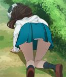  1girl all_fours ball blue_skirt brown_hair from_behind gegege_no_kitarou haruyama_kazunori inuyama_mana long_sleeves panties ponytail short_hair short_ponytail skirt soccer_ball socks solo underwear white_panties 