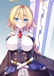  1girl ahoge belt blazblue blonde_hair blue_eyes blue_skirt blush braid breasts closed_mouth collared_shirt corset dying_(dying0414) es_(xblaze) eyebrows_visible_through_hair gradient gradient_background grey_background hair_between_eyes head_tilt huge_ahoge large_breasts long_hair long_sleeves miniskirt necktie off_shoulder red_neckwear shiny shiny_hair shirt showgirl_skirt single_braid skirt smile solo sword tsurime upper_body very_long_hair weapon white_shirt 