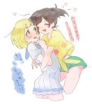  2girls alternate_hair_length alternate_hairstyle black_hair blonde_hair blush closed_eyes green_eyes green_shorts hairstyle_switch hug itou_(very_ito) lillie_(pokemon) long_hair mizuki_(pokemon_sm) multiple_girls open_mouth pokemon pokemon_(game) pokemon_sm ponytail shirt short_hair short_sleeves shorts simple_background skirt tied_shirt white_background white_shirt white_skirt 